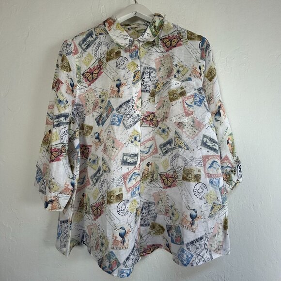 Chico's Womens No-Iron Linen Postal Print 3/4 Sleeve Button-Down Shirt Size 3 - Picture 1 of 7